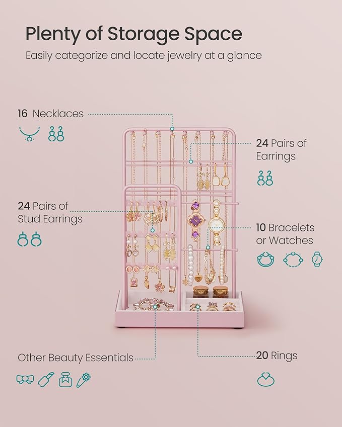SONGMICS Jewelry Holder, Jewelry Organizer, Jewelry Display Stand with Metal Frame, Velvet Tray, Necklace Earring Bracelet Holder, for Studs, Rings, Christmas Gift, Jelly Pink UJJS021R01