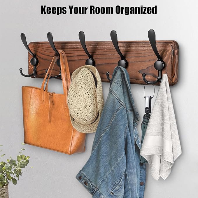 Kruodop Large Coat Rack Wall Mount Coat Hooks Coat Hanger with 5 Metal Black Triple- Hooks Brown Pine Real Wood Plank Hat Rack for Wall Hooks for Hanging Coat Hat Jacket