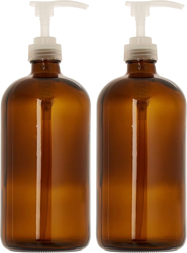 32 Ounce Large Amber Glass Boston Round Bottles w/Natural Color Pumps. Great for Lotions, Soaps, Laundry Detergent and Essential Oils - Food Safe and Medical Grade - by kitchentoolz (Pack of 2)