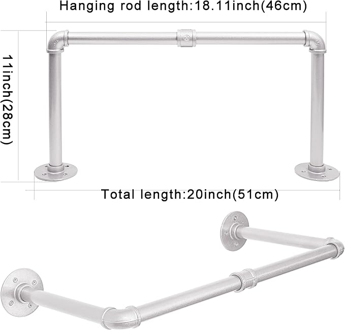 WEBI Industrial Pipe Clothing Rack,20" Wall Mounted Clothes Rack for Hanging Clothes,Heavy Duty Metal Garment Rack Bar Wall Mount Clothing Rod for Closet,Laundry Room,Silver,2 Packs