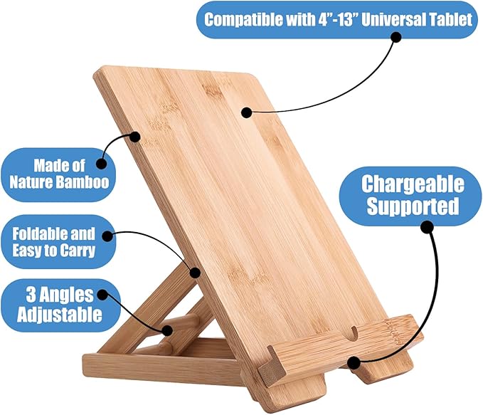 Bamboo Tablet Holder - Adjustable Folding iPad Stand with Charge Port for Desk or Cooking