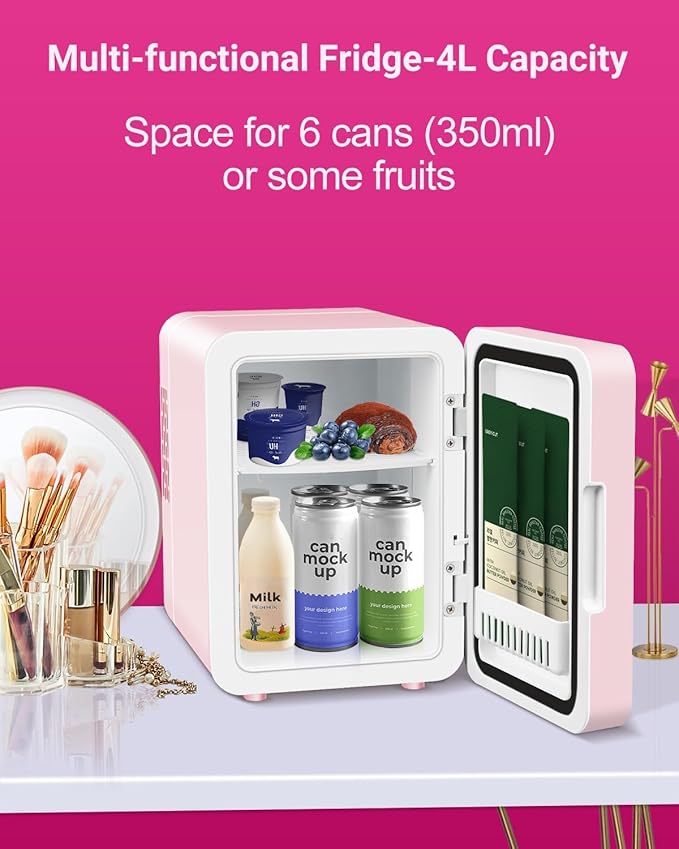 4-Liter Pink Portable Mini Fridge for Skincare Beauty Cosmetic Makeup With Mirrored Door and Dimmable LED Light