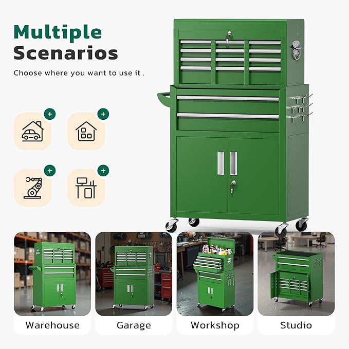 Greenvelly Tool Chest, 8-Drawer Rolling Tool Chest with Hooks and Lockable Wheels,Metal Storage Detachable Top Tool Box with Lockable Wheels for Garage,Workshop,Art Studio(Green)