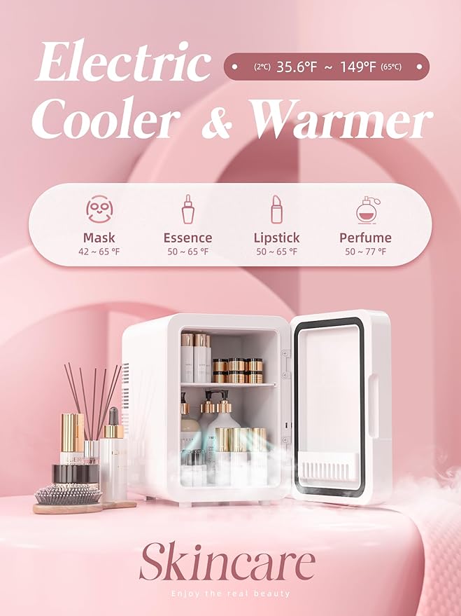 BOGDA Mini Skincare Fridge (4 Liter/6 Can) with Dimmable LED Light Mirror, Cooler and Warmer for Refrigerating Make Up, Skin Care and Food, Portable Mini Fridge for Bedroom, Office and Car, White