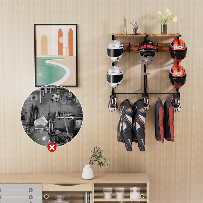 Motorcycle Helmet Rack with 6 J-hooks& 6 Clip Hooks – Wall Mounted Helmet Holder Stand for 6 Helmets, Riding Suits & Accessories, Sturdy Construction Storage Organizer for Entryway or Garage