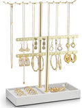 Vlando 2 Tier Jewelry Stand Organizer with Tary, Leather Jewelry Holder Display for Women, Gold Jewlery Holder Stand for Necklace, Earring, Bracelet, Rings - White
