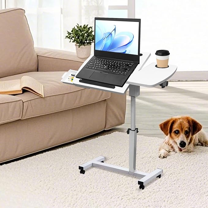 Overbed Table with Wheels Adjustable Height, Tiltable Desktop with Tray, Over Bed Table Rolling Bedside Tables, Medical Mobile Standing Desk, for Hospital Office Bedroom Sofa, White