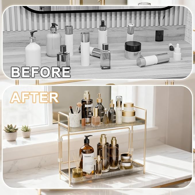 LEEDA 2 Tier Bathroom Counter Shelves, Countertop Shelf Organizer for Bathroom & Vanity, Large Capacity Skincare Organizers,Countertop Organizer for Makeup, Lotion, Kitchen Corner & Dresser Storage
