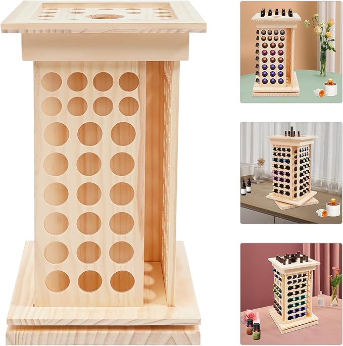 Wooden Essential Oil Bottle Display Rack Rotating Essential Oil Storage Organizer with 125 Holes, Holder Bottles Roller Shelf for Essential Oils, Nail Polish, Fragrance Oils, Cosmetics