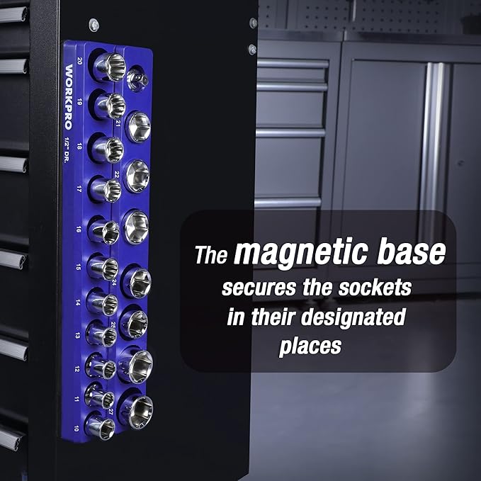 WORKPRO Magnetic Socket Organizer, 1/2-Inch Metric Socket Holder, Socket Trays Holds 19 Pieces Standard Size and Deep Size Sockets(Sockets not Included)