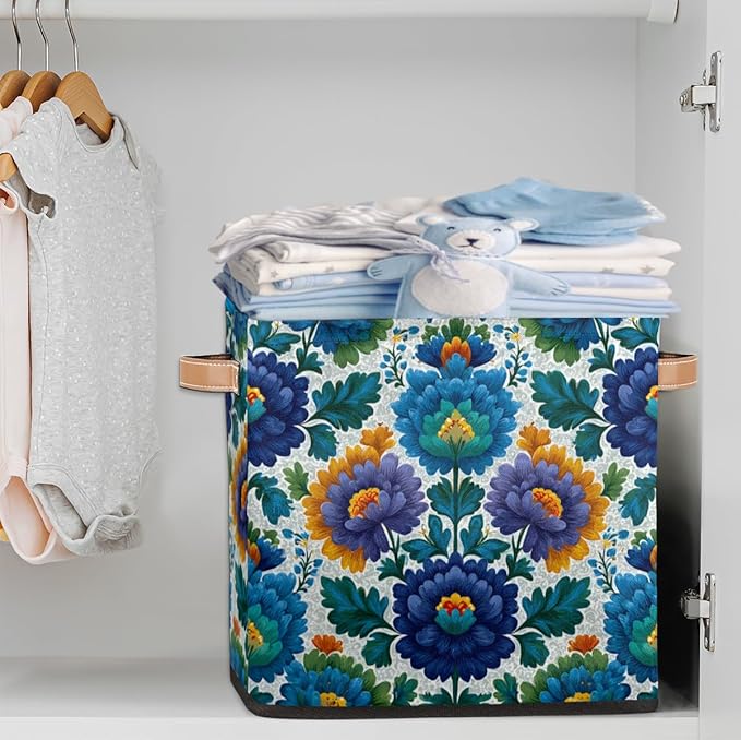 TropicalLife 13x13x13 Inch Large Fabric Storage Cube Blue Flowers Print Foldable Storage Bin with Handles Organizer Boxes Cube Basket for Shelves Organizing Closet