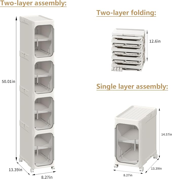 4-Tier Tall Narrow Storage Cabinet, Slim Bathroom Storage Cabinet with Adjustable Shelves and Wheels, Narrow Organizer for Small Space, Bathroom, Kitchen, Laundry