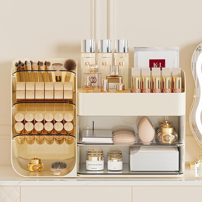 Makeup Organizer with Drawers,Large Capacity Countertop Organizer for Vanity,Bathroom and Bedroom Desk Cosmetics Organizer,Easy To Storage Skincare,Brushes, Eyeshadow,Lipstick (Cream, Large)