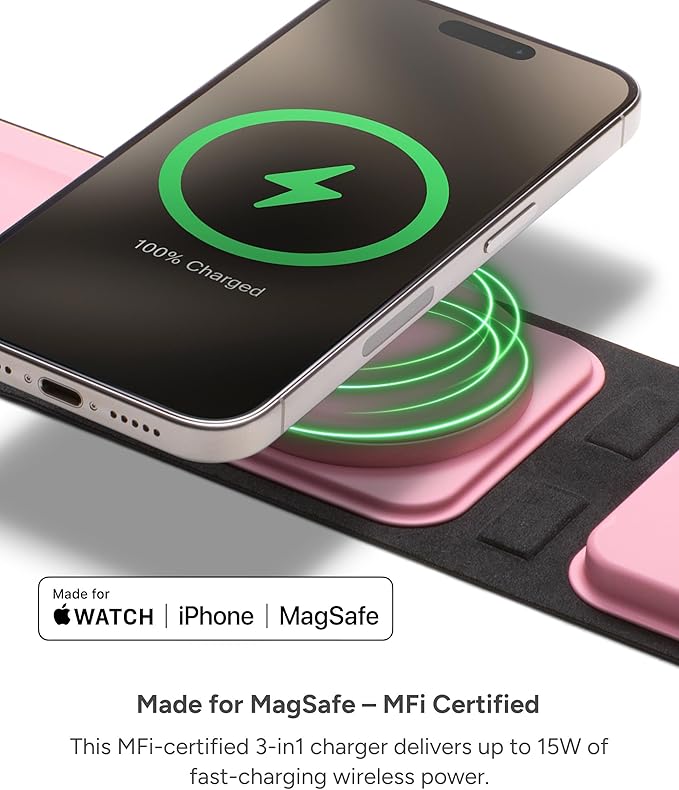 Mophie 3-in-1 Travel Charger with MagSafe - Portable Wireless Charging Hub, Compatible w/iPhone 17/16/15/14/13/12 Series, Apple Watch Series 11 to 1 & Ultra, AirPods Pro/3rd Gen, Cherry Blossom Pink