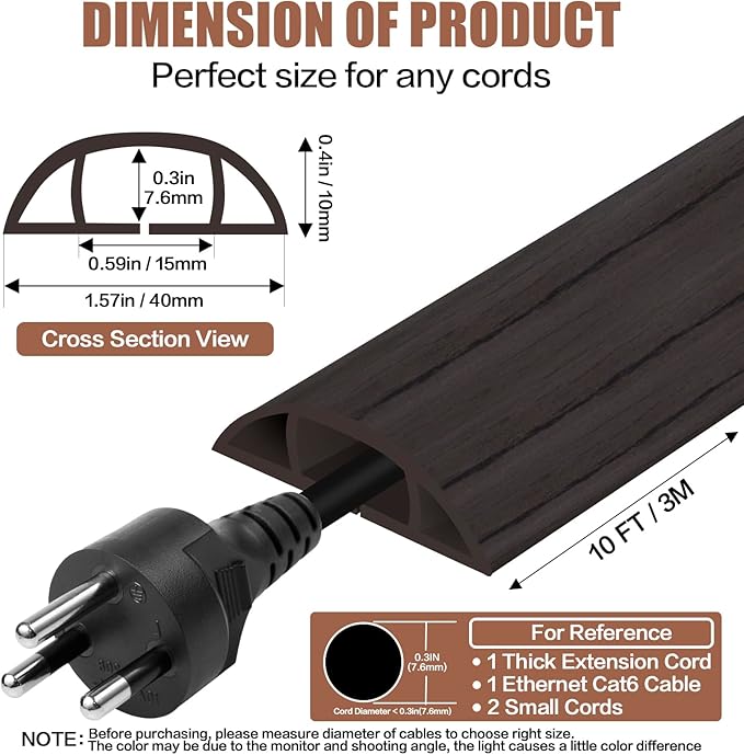 Floor Cord Cover Self Adhesive Cord Hider,10FT Cable Management, Extension Strip Protector for Wires, Prevent Cable Trips for Offices, Gyms, Exhibitions Cavity:0.51"(W) x 0.3"(H) Black Wood