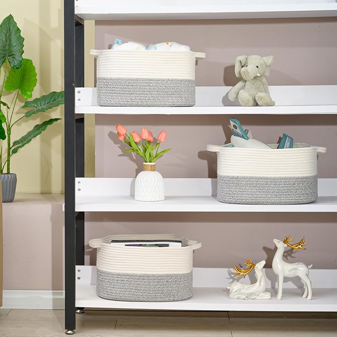 DUHEL Cotton Rope Woven Storage Basket, Used for Baby Hamper Toy Organizer, Gift Baskets Empty,Kids Laundry Basket,Baby Blanket Basket. Size 15x10x8.7 Inches. (White&Grey-3PCS)