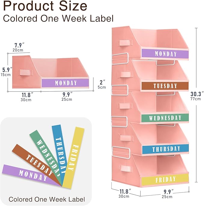Closet Organizers and Storage - 5 Tier Shelf Organizer with Weekly Labels, Stackable Storage Bins with Metal Frame, Foldable Cube Bins, Home Baskets for Kids and Adults, Pink