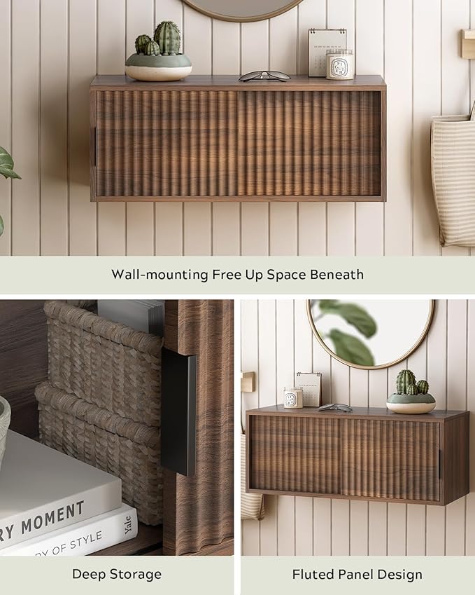 Large Floating TV Stands Set of 2, Modern Fluted Nightstands Wall Mounted Bedside Table Storage Cabinet with Sliding Doors for Living Room, Bedroom, Brown