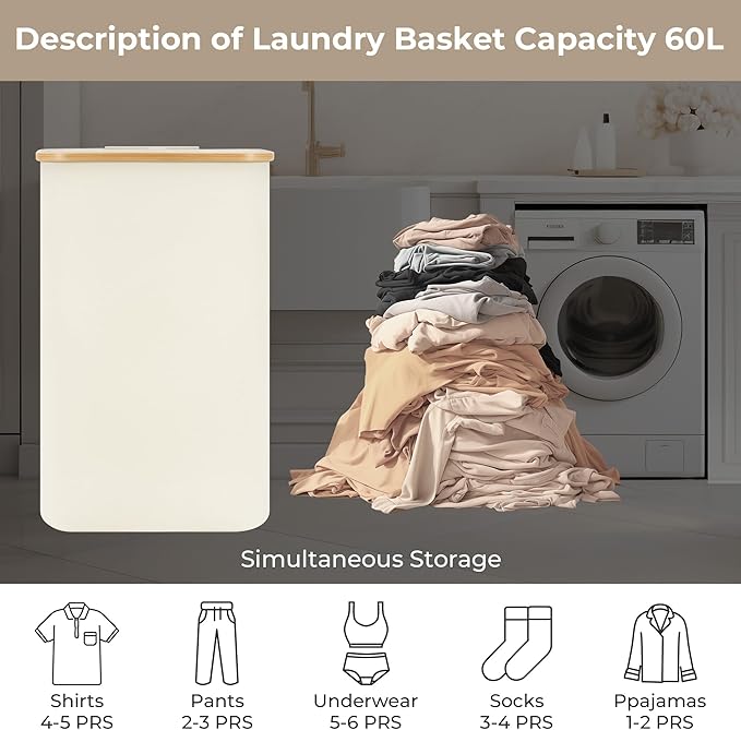StorageWorks 60L Slim Laundry Hamper with Lid, Narrow Laundry Basket with Bamboo Handles and Inner Bag, Skinny Clothes Hamper for Laundry Room, Bathroom, Dorms, Conner, Beige