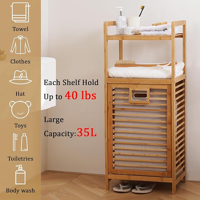 Laundry Hamper with 2-Tier Shelves & Tilt Out Basket, Laundry Baskets Organizer Hampers Bathroom Storage Shelf for Laundry Room, Bathroom, Nursery, Bedroom(2 Tier -Small)
