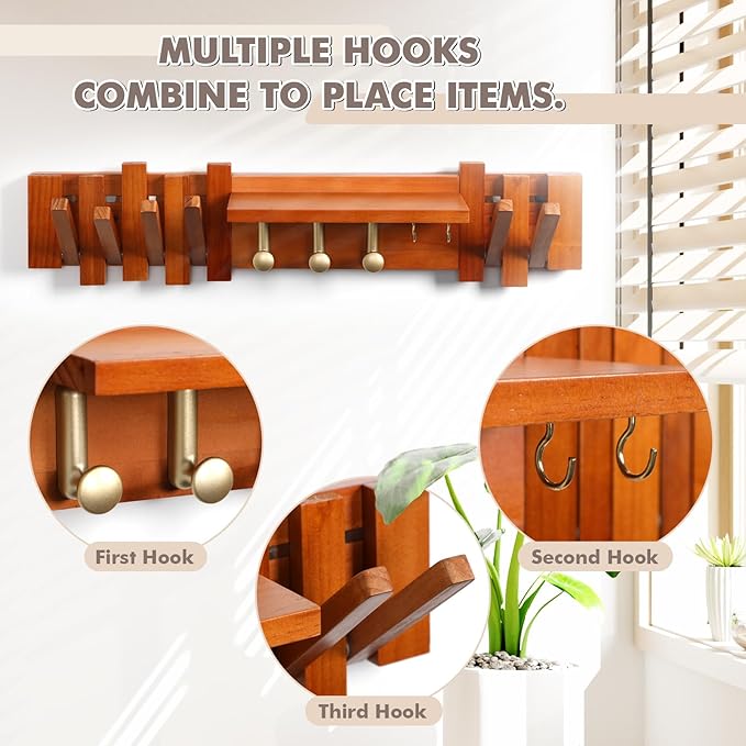 Zingoetrie Wooden Coat Rack Wall Mount Red Brown 11 Hooks Key Holder Umbrella Entryway Shelf Housewarming Holiday Gifts