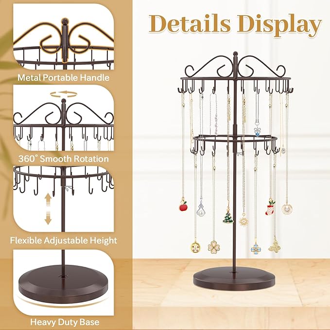 MODOWEY Rotating Necklace Holder Organizer Display Stand with 42 Hooks, 2 Tier Adjustable Metal Tree for Long Necklace Hanger Selling, Tall Spinning Bracelet Storage Rack for Men Women, Espresso Brown