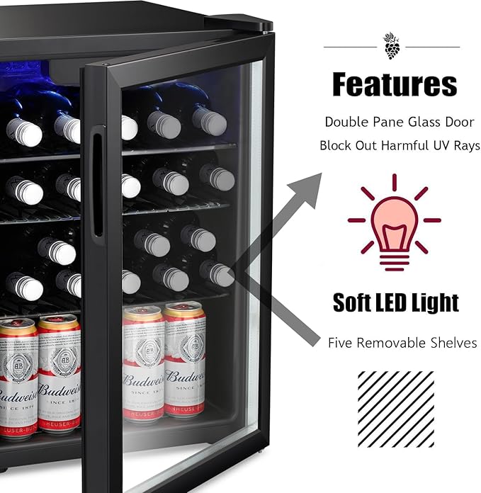 Antarctic Star 16 Bottle Wine Cooler/Cabinet Beverage Refrigerator Small Mini Wine Cellar Beer Soda Clear Glass Door Bar Fridge Quiet Operation Compressor Adjust Temp Control Freestanding, 2.4 Cu. ft