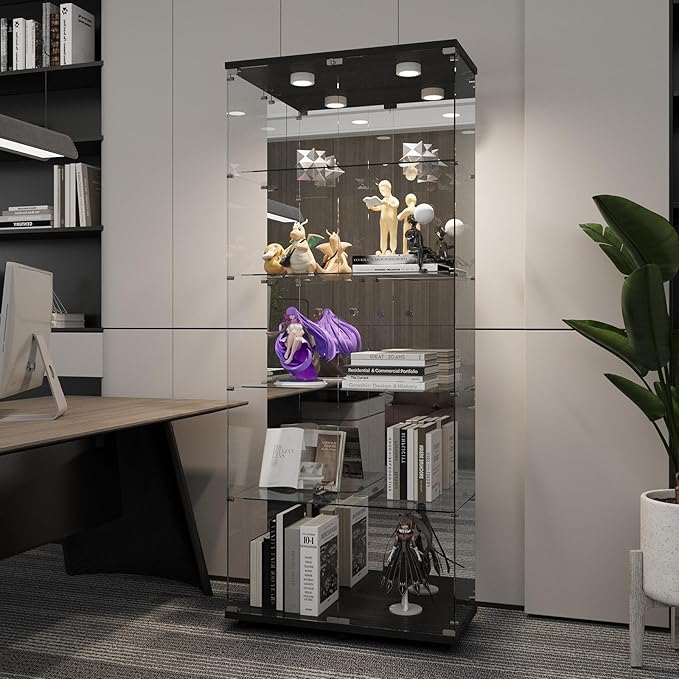 Beauty4U Glass Display Cabinet with LED Lights and Mirror, 5 Shelves with 2 Doors, Curio Cabinets for Living Room, Bedroom, Office, Black Floor Standing Glass Bookshelf, Quick Installation