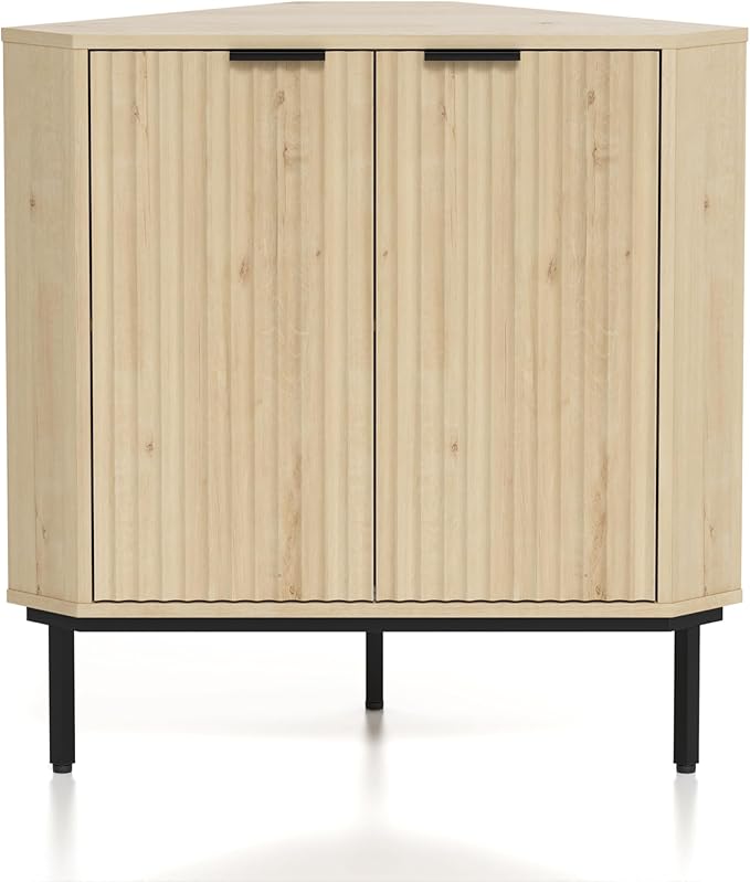 Modern Corner Cabinet, Fluted Wood Floor Storage Cabinet with Adjustable Shelf, Freestanding Narrow Organizer for Living Room Kitchen, Light Oak