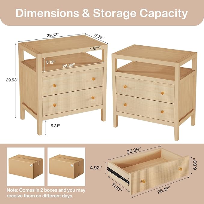 Tribesigns Modern Nightstand, 2-Drawer Nightstand with Open Storage Shelf, 29.52-Inch Wide Bedside Table Large Night Stand for Bedroom, Living Room, Oak (2)