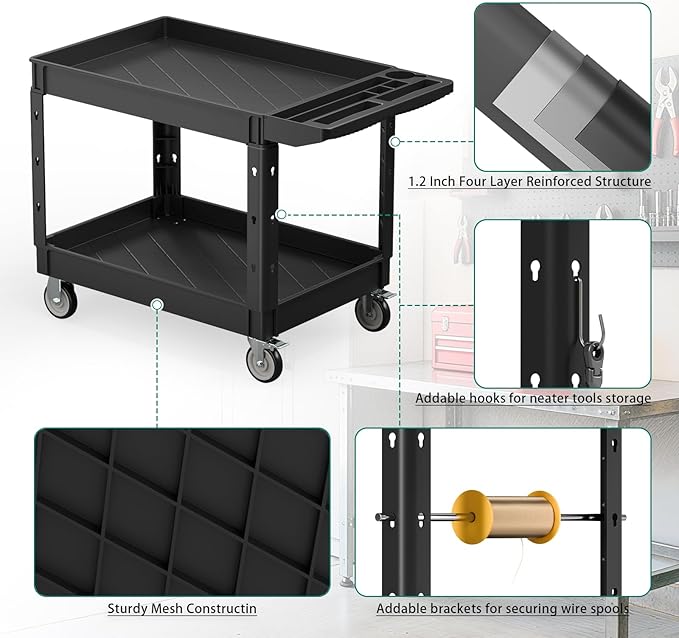 Heavy Duty Utility Rolling Tool Cart, 550 lbs Capacity Plastic Rolling Carts with 360°Swivel Wheels, 40 x 25 Inch Service Cart, 2 Shelf Work Cart for Warehouse,Garage, Cleaning, Black