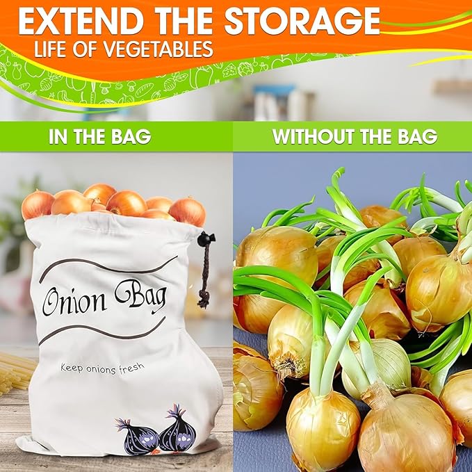 2Pcs Potato and Onion Storage Bags – Reusable Cotton Produce Bags with Black Lining and Side Zipper, Washable, Breathable & Light-Blocking Design for Storing Potatoes, Onions, Garlic & Root Vegetables