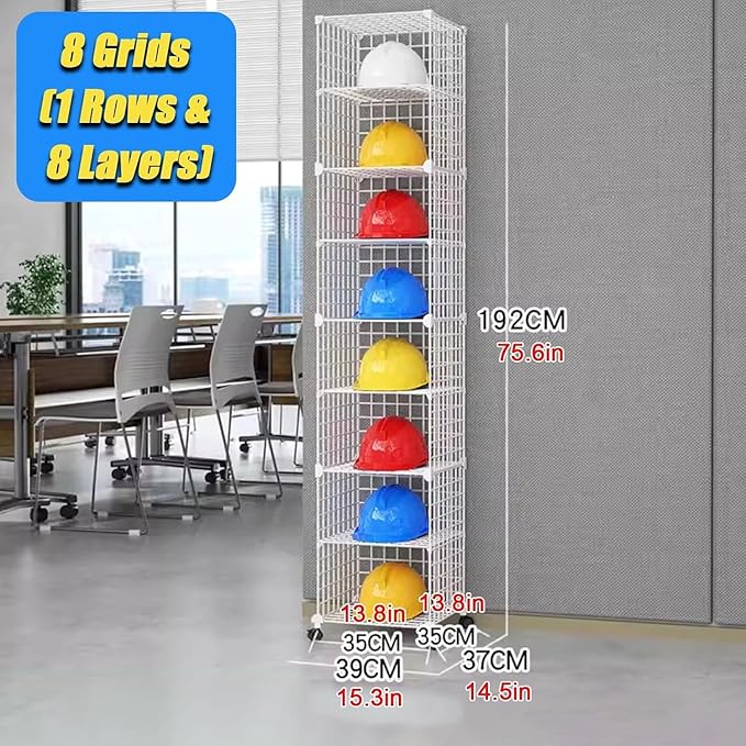 Stackable Safety Helmet Storage Boxes, Large Adjustable Hard Hat Placement Organizer Rack,with Wheels,for Construction Site/Garage/Workshop/Factory Helmet Display Shelf (White, 8 Grids-1 * 8)