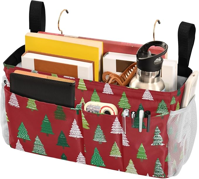 Christmas Trees White Green Bedside Caddy for Dorm Bed Bedside Hanging Caddy Bag Iron Frame Storage Organizer Pocket for Bunk Home College Hospital Beds 2 Hooks