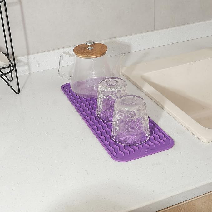 Silicone Dish Drying Mat for Multiple Usage,Easy clean,Eco-friendly,Heat-resistant Silicone Mat for Kitchen Counter,Sink,Bar,Bottle,or Cup Purple M 17 inches x 6 inches
