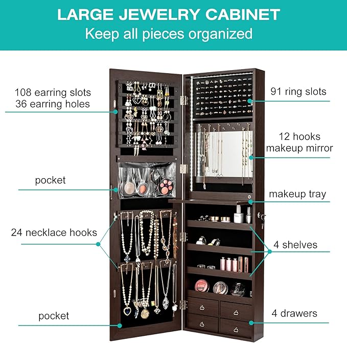 CHARMAID LED Strip Jewelry Armoire with 47.2" H Full Length Mirror, Wall Door Mounted Jewelry Organizer Cabinet with Built-in Mirror, Flip-over Cosmetic Tray, 4 Drawers (Coffee)