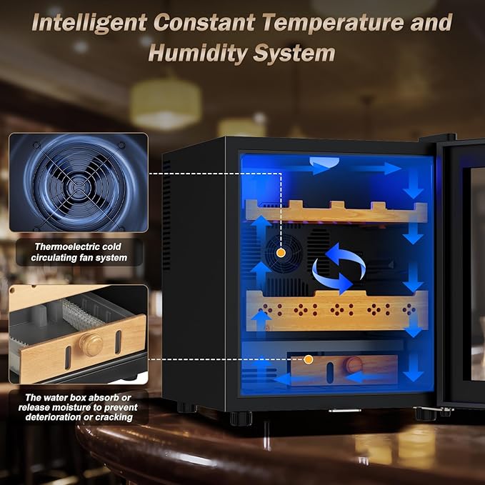 Electric Humidor-50L Cooling & Heating Humidor, Smart Touch Control Humidity & Temp Humidors wtih Spanish Cedar Wood Tray, Digital Display, Safety Lock, Desktop Gift for Men