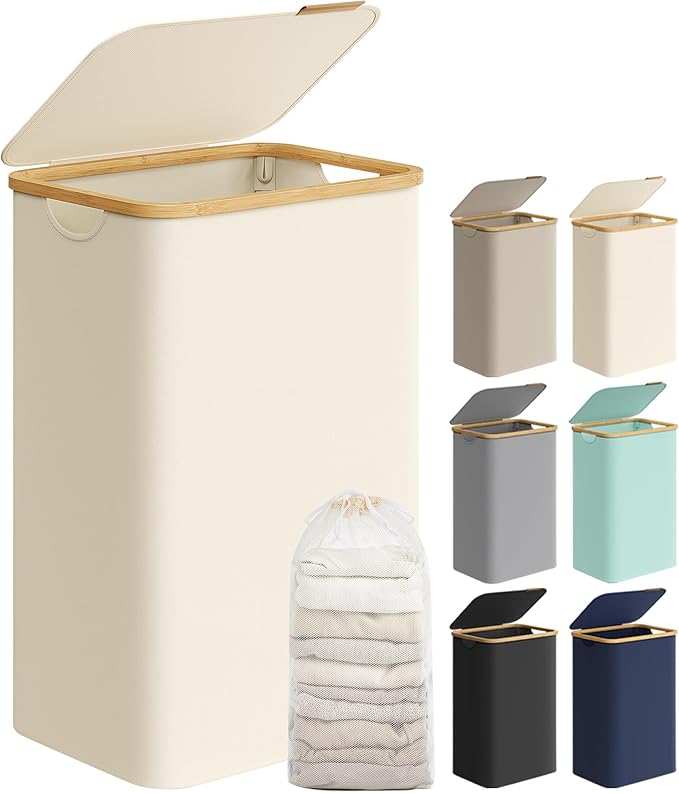 SONGMICS Laundry Hamper with Lid, Large Laundry Basket, 23.8 Gallons (90L), Removable Mesh Liner, Bamboo Handles, Collapsible, 16.5 x 12.6 x 27.8 Inches, Cream White ULCB509W01