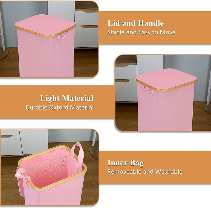 Laundry Basket with Wheels, 110L Clothes Hamper for Laundry, Laundry Hamper with Lid and Inner Bag, for Laundry Room, Bedroom, Dormitory Storage,Pink