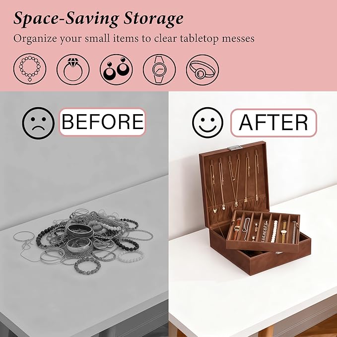 BEWISHOME Necklace Organizer Box, 2-Layer Jewelry Box to Save Space, Modern Style Necklace Storage Box, Brown Necklace and Bracelet Holder for Women, Girls, SSH31Z