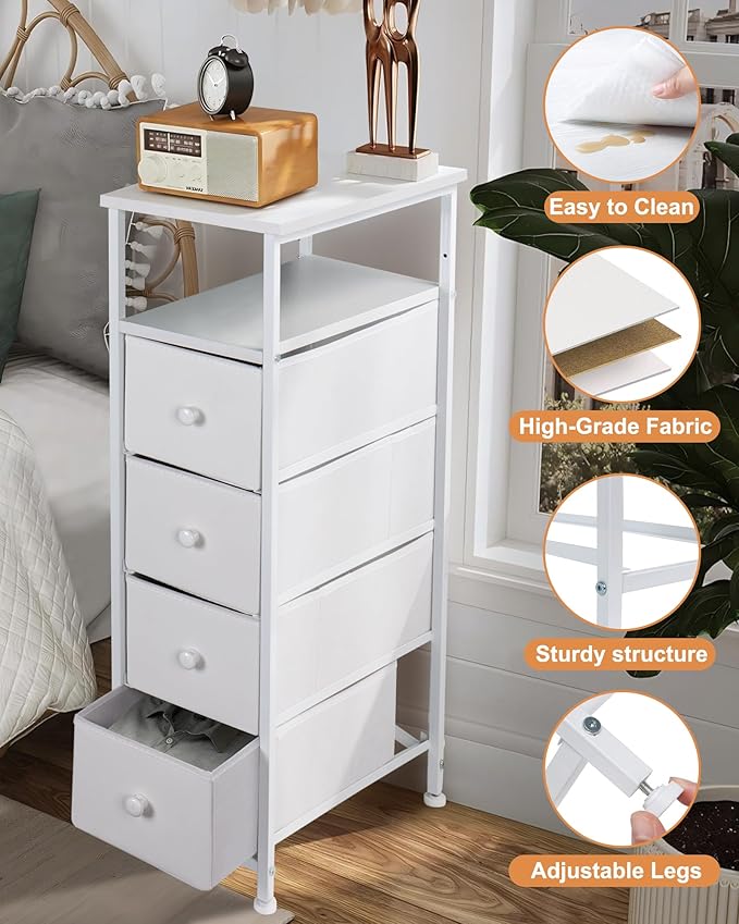 Narrow Dresser for Bedroom, Fabric Tall Dresser & Chests of Drawers with 4 Drawers, Vertical Organizer Storage Tower Unit for Bedroom, Hallway, Entryway White