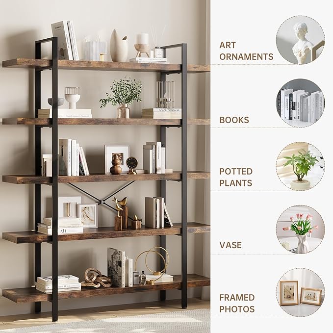 Bookshelf Set of 2, Heavy Duty 5-Tier Industrial Bookcase, 47" Wide Wood Bookshelf for Home Office, 120lbs Shelf Capacity, Rustic Open Display with Horizontal Shelf for Living Room Bedroom