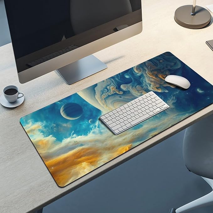 Spectacular Cosmic Planets Large Mouse Pad, Vintage Aesthetic Gaming Desk Mat, XXL Keyboard Desk Pad Mat for Desktop, 35.4"x15.7" Non-Slip Base Big Mousepad with Stitched Edges