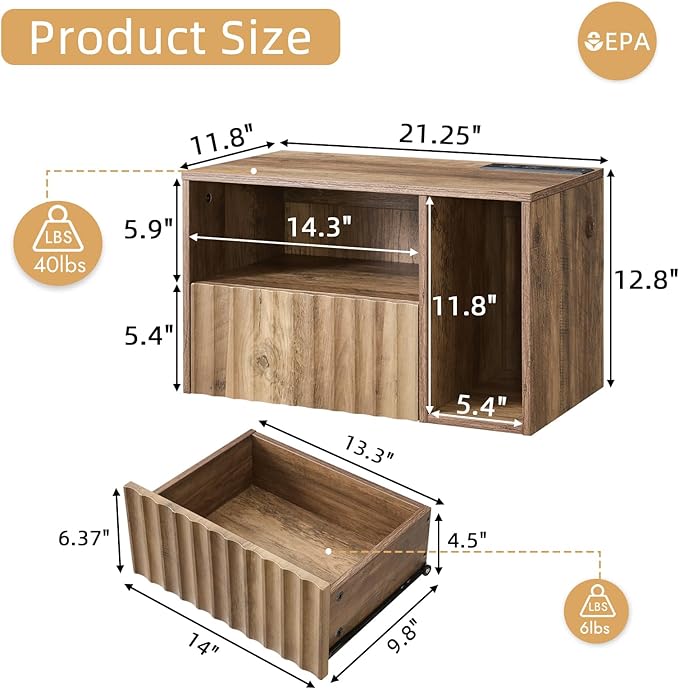 Modern Rustic Brown Fluted Floating Nightstand with Charging Station, NightStand with Drawers, Bedside with USB Ports and Outlets, Bedroom Furniture (Right)