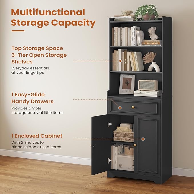 DICTAC Bookcase Set of 2 with Drawer and Doors 73.23''Tall Bookshelf with Storage Shelves Freestanding Storage Cabinet with Microwave Space storage Organizer for Home Office,Living Room,Bathroom,Black