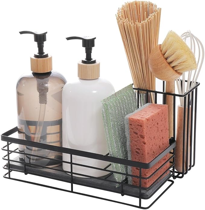 Efficient Sink Caddy with Removable Brush Holder and Water Absorbent Diatomite Stone Tray for Sponges