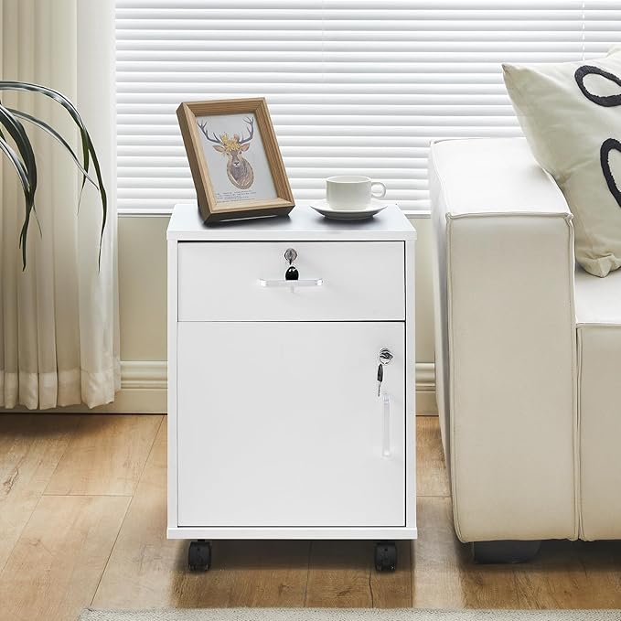 TUKAILAi Mobile File Cabinet with Lockable Drawer & Door, Under Desk Rolling Filing Cabinet with 4 Wheels, Wooden Stationery Storage Cabinet for Home Office (White)