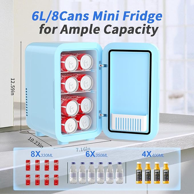 Mini Fridge, 6 Liter/8 Can 110V AC/DC Portable Thermoelectric Cooler Refrigerators for Bedroom, Skincare, Beverage, Office, Dorm Room and Car, Blue