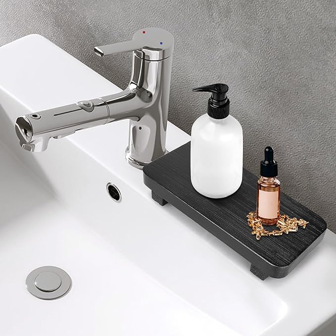Small Black Kitchen Sink Soap Holder for Counter Dish Soap Dispenser Wooden Display Risers for Bathroom Decor Farmhouse Wood Pedestal Stand Kitchen Accessories Countertop Vanity Decorative Tray
