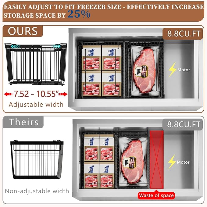 Large Freezer Organizer Bins，Upgraded Bottom Leak-Proof net，Fit 5 to 9 Cu Ft Chest Freezer，3 Pack， Expandable Stackable Chest Freezer Containers with Handle